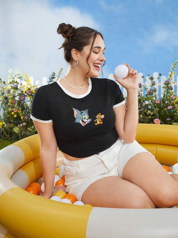 TOM & JERRY X SHEIN Camiseta crop con estampado de dibujos animados unido en contraste