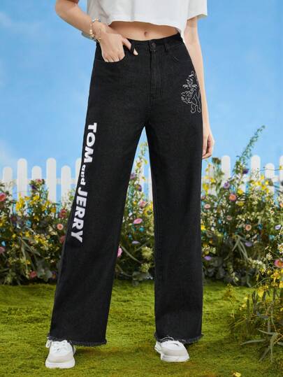 TOM & JERRY X SHEIN Letter & Cartoon Graphic Straight Leg Jeans