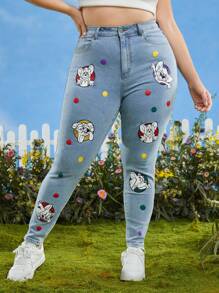 TOM & JERRY X SHEIN Plus Cartoon Graphic Skinny Jeans - Light Wash - View 1