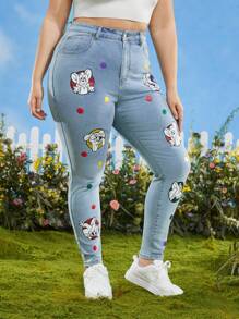 TOM & JERRY X SHEIN Plus Cartoon Graphic Skinny Jeans - Light Wash - View 3