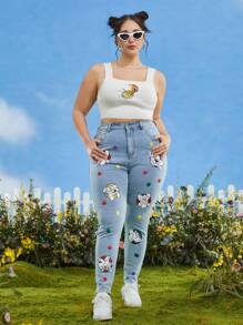 TOM & JERRY X SHEIN Plus Cartoon Graphic Skinny Jeans - Light Wash - View 4