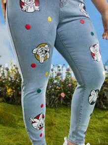 TOM & JERRY X SHEIN Plus Cartoon Graphic Skinny Jeans - Light Wash - View 5