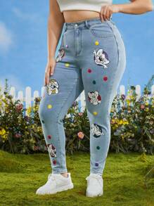 TOM & JERRY X SHEIN Plus Cartoon Graphic Skinny Jeans - Light Wash - View 6