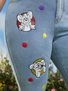 TOM & JERRY X SHEIN Plus Cartoon Graphic Skinny Jeans - Light Wash - View 8
