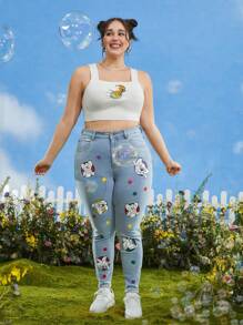TOM & JERRY X SHEIN Plus Cartoon Graphic Skinny Jeans - Light Wash - View 9