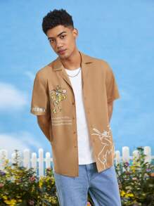 TOM & JERRY X SHEIN Áo sơ mi Nam Nút phía trước Hoạt hình Slogan Giải trí - Lạc đà - Xem 3