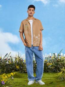 TOM & JERRY X SHEIN Áo sơ mi Nam Nút phía trước Hoạt hình Slogan Giải trí - Lạc đà - Xem 4