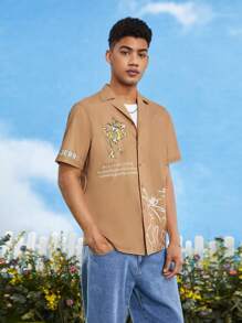 TOM & JERRY X SHEIN Áo sơ mi Nam Nút phía trước Hoạt hình Slogan Giải trí - Lạc đà - Xem 6