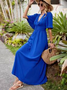 SHEIN VCAY Vestido fruncido unicolor de manga mariposa - azul real - Ver 2