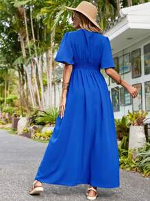 SHEIN VCAY Vestido fruncido unicolor de manga mariposa - azul real - Ver 3