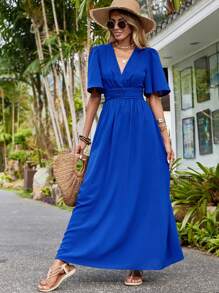 SHEIN VCAY Vestido fruncido unicolor de manga mariposa - azul real - Ver 4