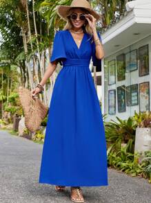 SHEIN VCAY Vestido fruncido unicolor de manga mariposa - azul real - Ver 6