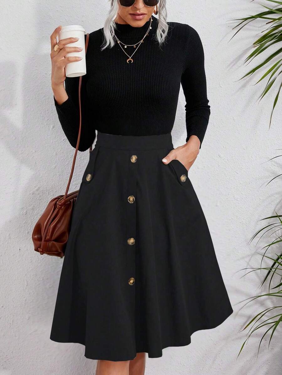 SHEIN Clasi Váy nữ Túi Nút phía trước màu trơn Giải trí - màu đen - Xem 1