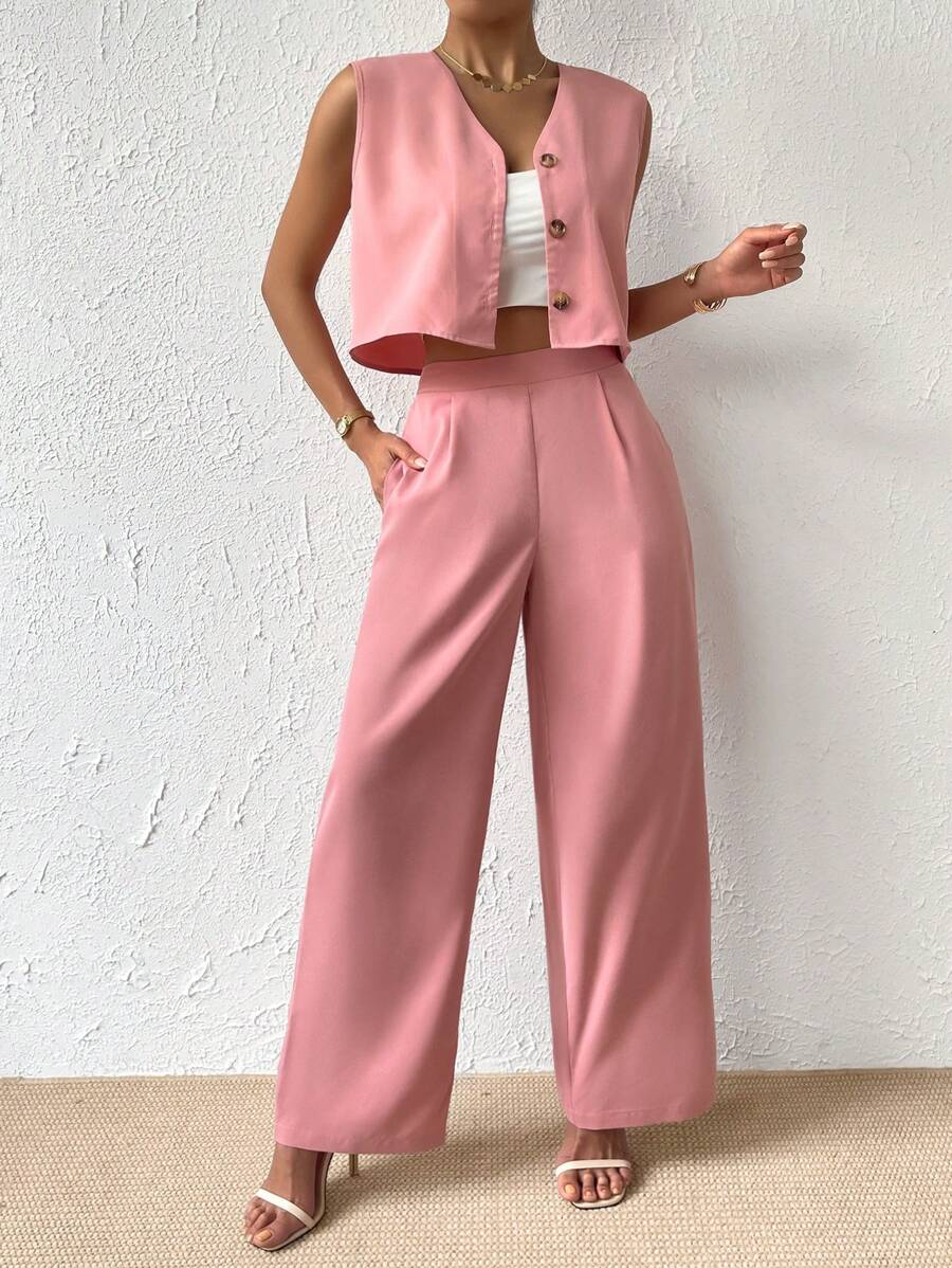 SHEIN Essnce Bộ đồ hai mảnh nữ Nút Túi Nút phía trước màu trơn Thanh lịch - Hồng - Xem 1