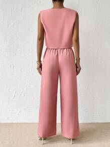 SHEIN Essnce Bộ đồ hai mảnh nữ Nút Túi Nút phía trước màu trơn Thanh lịch - Hồng - Xem 2