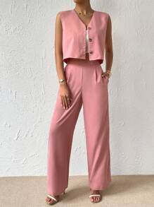 SHEIN Essnce Bộ đồ hai mảnh nữ Nút Túi Nút phía trước màu trơn Thanh lịch - Hồng - Xem 5