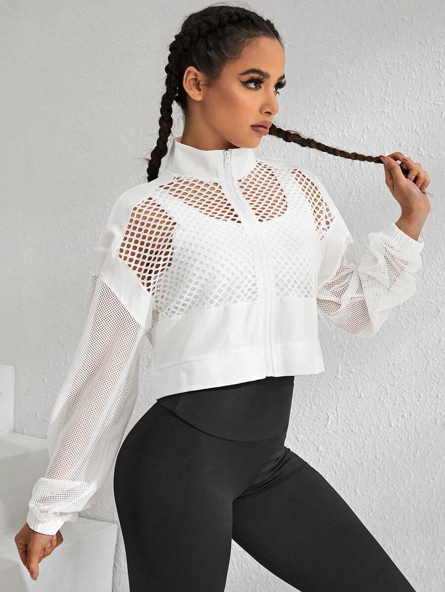 Yoga Sxy 鏤空落肩袖拉鏈開襟短款運動夾克 - 白色 - 查看 1