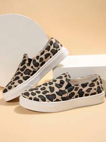 Women Leopard Pattern Slip On Shoes, Fabric Sporty Sneakers - Multicolor - View 1