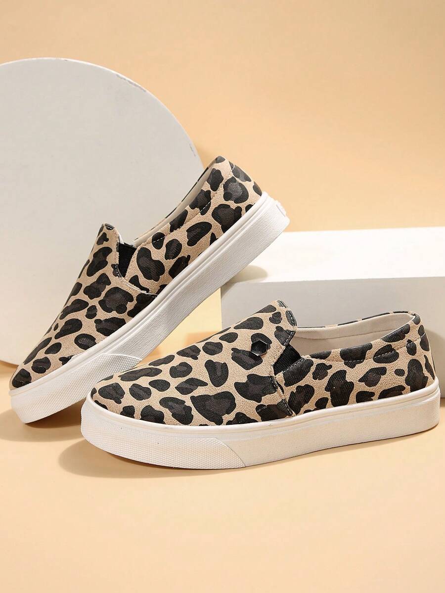 Women Leopard Pattern Slip On Shoes, Fabric Sporty Sneakers - Multicolor - View 1