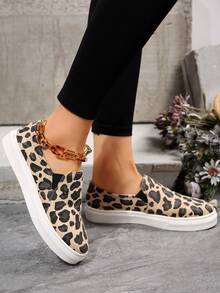 Women Leopard Pattern Slip On Shoes, Fabric Sporty Sneakers - Multicolor - View 2