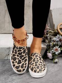 Women Leopard Pattern Slip On Shoes, Fabric Sporty Sneakers - Multicolor - View 3