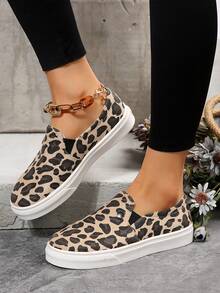Women Leopard Pattern Slip On Shoes, Fabric Sporty Sneakers - Multicolor - View 5
