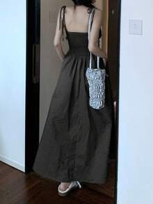 Vestido de tirantes unicolor con diseño fruncido con fruncido - Gris Oscuro - Ver 2