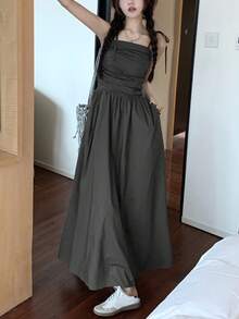 Vestido de tirantes unicolor con diseño fruncido con fruncido - Gris Oscuro - Ver 3