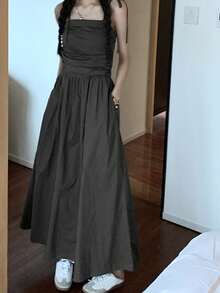 Vestido de tirantes unicolor con diseño fruncido con fruncido - Gris Oscuro - Ver 4