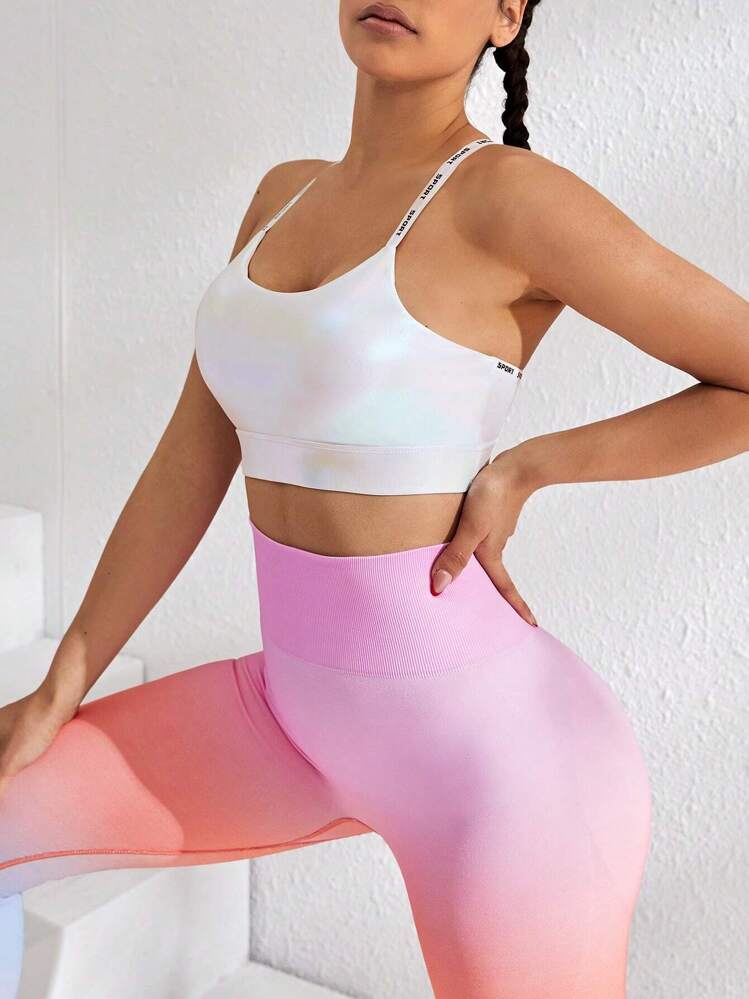 Easithlete Holographic Letter Graphic Racer Back Sports Bra - White - View 3