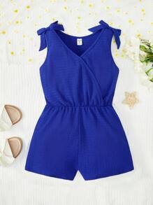 SHEIN Leap Crew Tween Girl Bow Shoulder Wrap Front Romper - Royal Blue - View 1