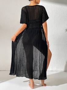 Hollow Out Tie Front Kimono - Black - View 2