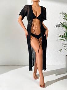 Hollow Out Tie Front Kimono - Black - View 3