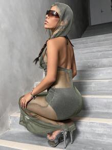 SHEIN X Doris Jocelyn SHEIN ICON Solid Backless Mesh Dress Without Lingerie Set - Green - View 2