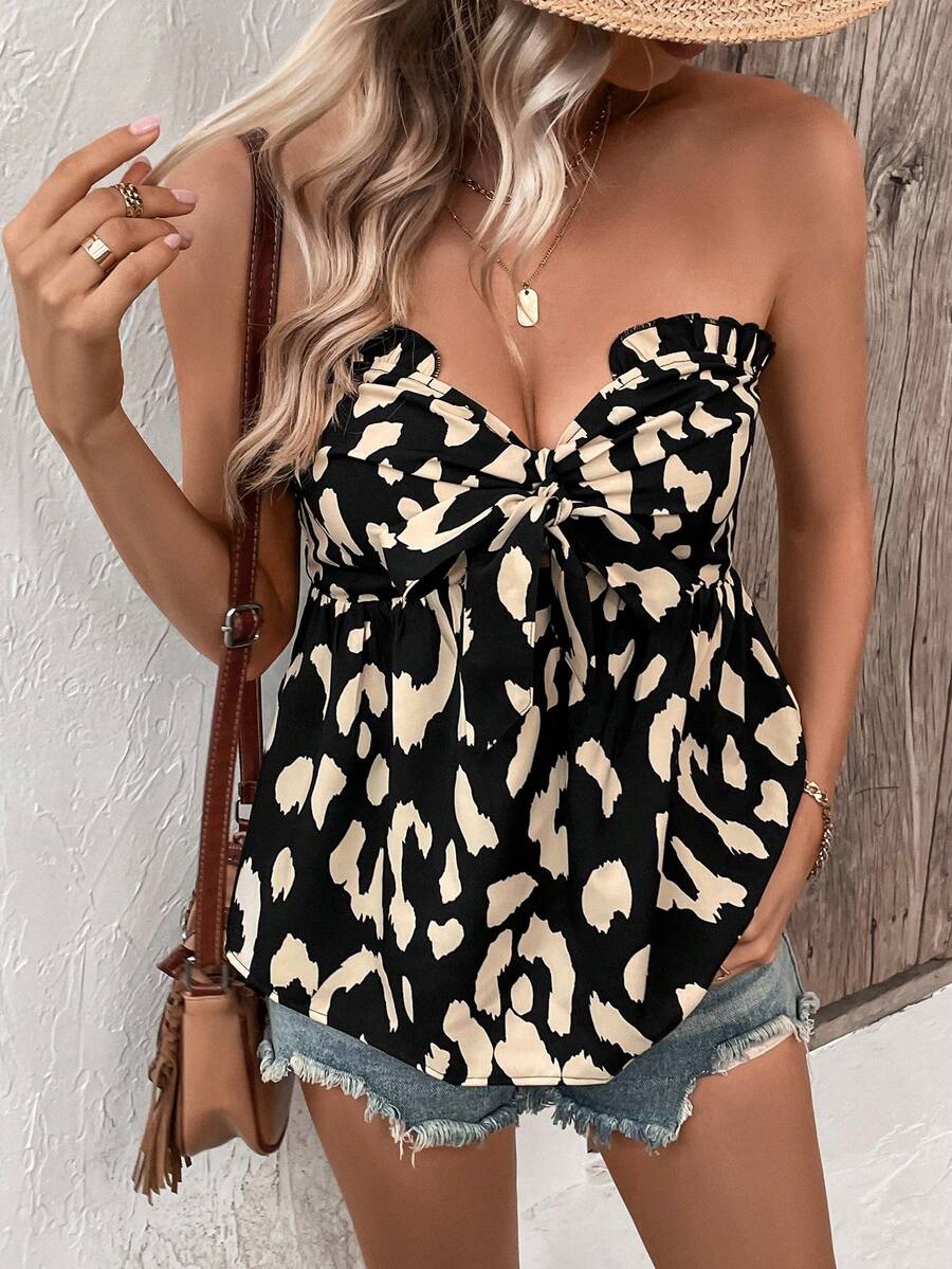 Breezaya Áo nữ viền lá sen Dải chun Tất cả trên in Giải trí - màu đen - Xem 1