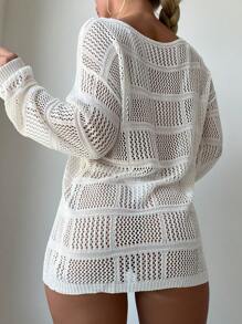 SHEIN Swim Summer Beach Hollow Out Drop Shoulder Cover Up Dress Without Bikini Set - White - View 2