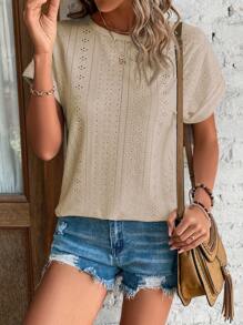 SHEIN Essnce Eyelet Embroidery Batwing Sleeve Tee - Khaki - View 3