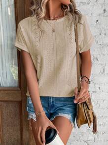 SHEIN Essnce Eyelet Embroidery Batwing Sleeve Tee - Khaki - View 5