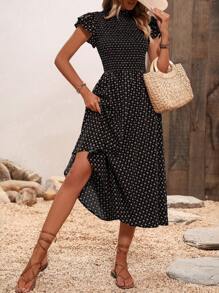 SHEIN LUNE Vestido con estampado de manga mariposa bajo con fruncido - Negro - Ver 3