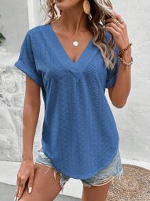 SHEIN LUNE Eyelet Embroidery Batwing Sleeve Tee - Blue - View 4