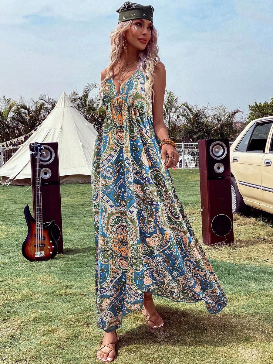 Breezaya Vestido de tirantes con estampado de paisley de espalda abierta - Neblina azul - Ver 1