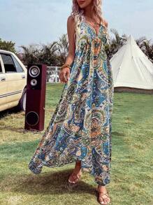 Breezaya Vestido de tirantes con estampado de paisley de espalda abierta - Neblina azul - Ver 4