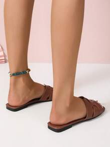 Elegant Brown Sandals For Women, Snakeskin Embossed Cut Out Design Slide Sandals - Brown - View 2