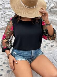 SHEIN LUNE Áo sơ mi Plus Size Tương phản Mesh Thêu Hoa Boho - màu đen - Xem 1