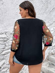 SHEIN LUNE Áo sơ mi Plus Size Tương phản Mesh Thêu Hoa Boho - màu đen - Xem 2