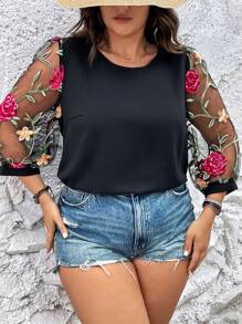SHEIN LUNE Áo sơ mi Plus Size Tương phản Mesh Thêu Hoa Boho - màu đen - Xem 3