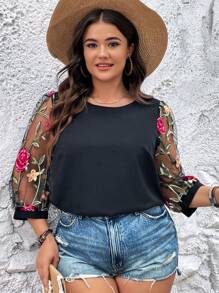 SHEIN LUNE Áo sơ mi Plus Size Tương phản Mesh Thêu Hoa Boho - màu đen - Xem 4