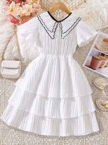 SHEIN Đầm Gái Sò điệp phân lớp Tương phản ràng buộc màu trơn Dễ thương - trắng - Xem 1
