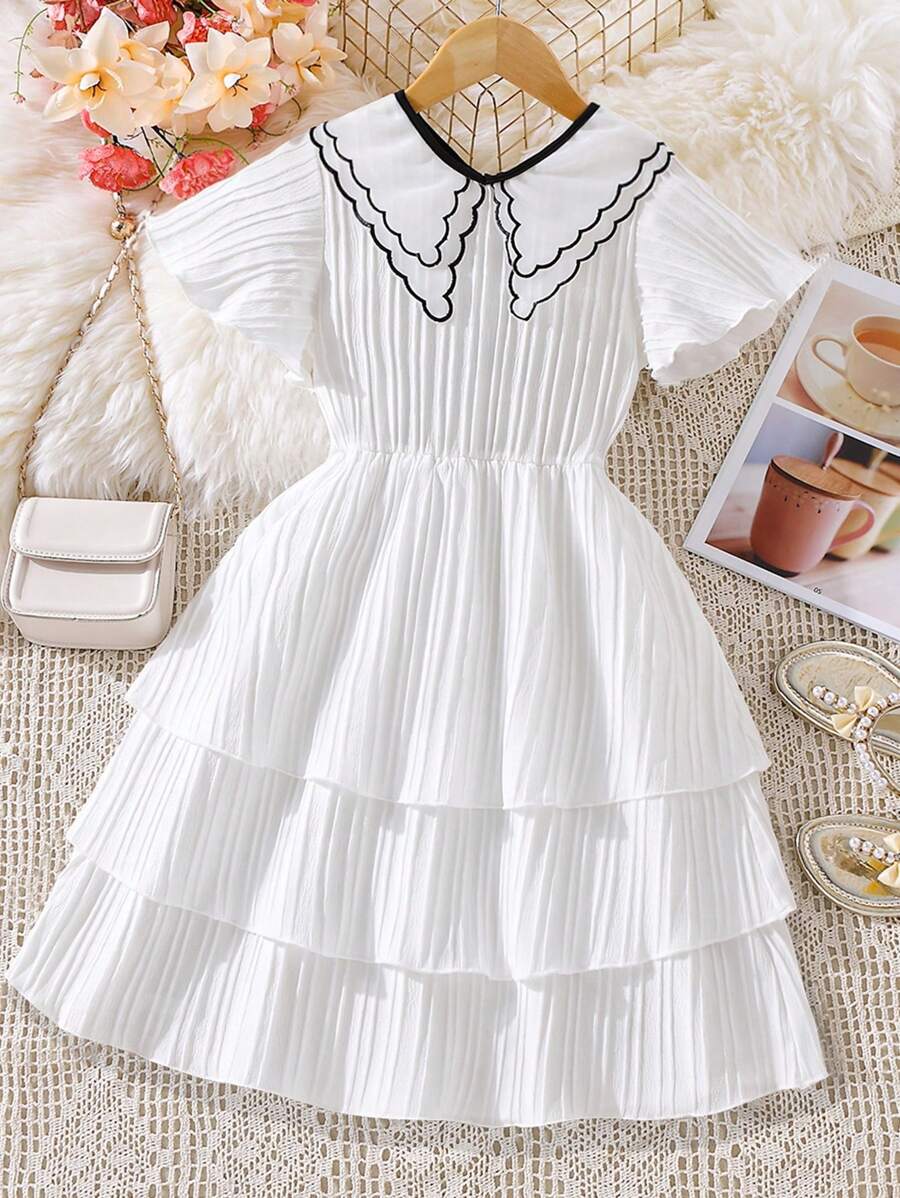 SHEIN Đầm Gái Sò điệp phân lớp Tương phản ràng buộc màu trơn Dễ thương - trắng - Xem 1