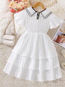 SHEIN Đầm Gái Sò điệp phân lớp Tương phản ràng buộc màu trơn Dễ thương - trắng - Xem 2